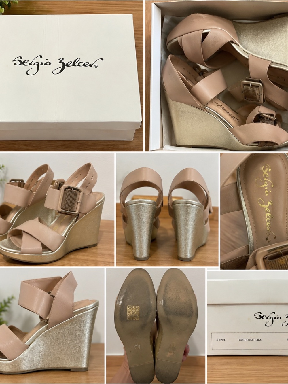 Sergio Zelcer Blush Nude Wedge Sandals with Metallic Gold Wedge